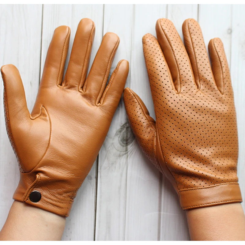 Men\'s 100% Real Leather Perforated Breathable Fashion Button Wrist Driving Golf Riding Touch Screen Short Gloves