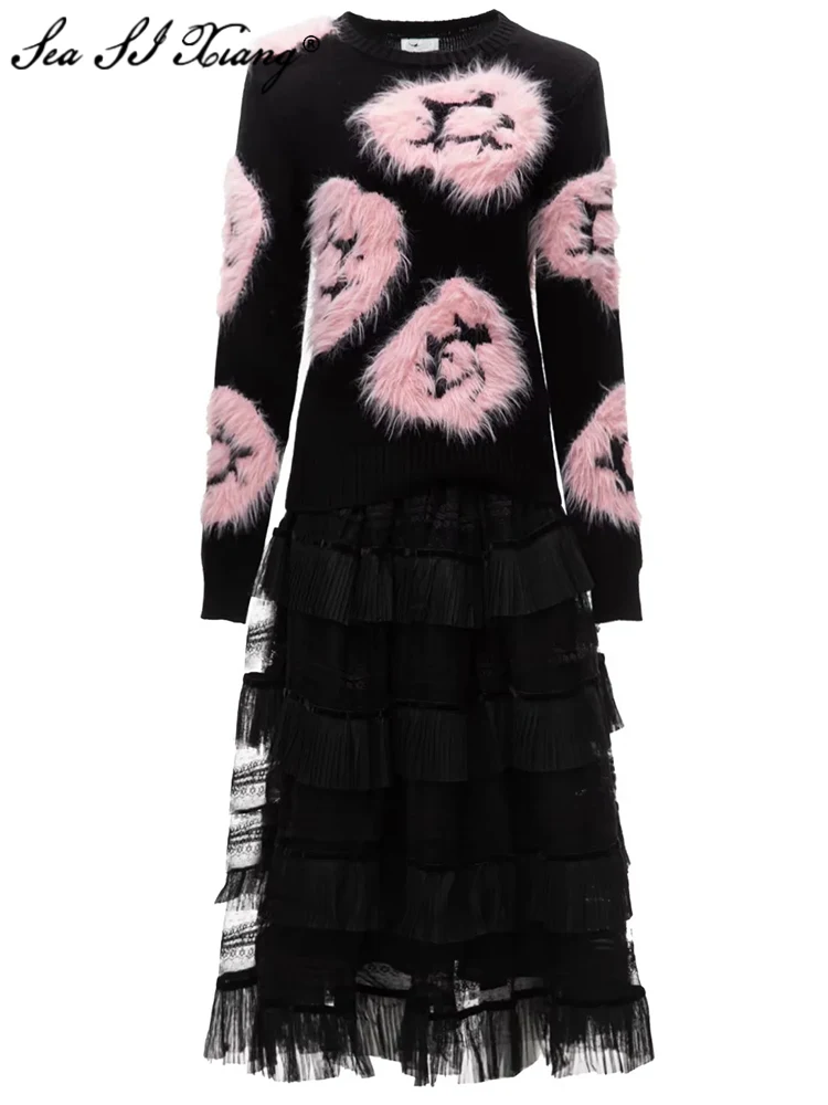 

Seasixiang Fashion Designer Autumn Suit Women Long Sleeve Feathers Sweater + Elastic Waist Mesh Skirt Casual 2 Pieces Set