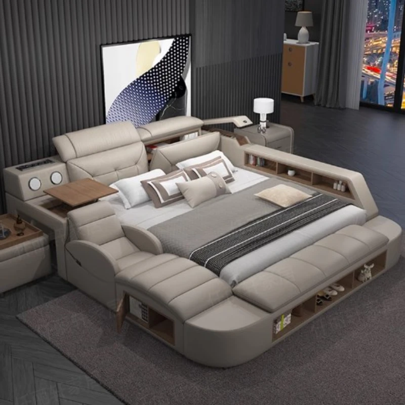 

Leather Modern Double Bed Frame Storage Luxury Superking Bed Multifunctional Italian Camas De Dormitorio Bedroom Furniture