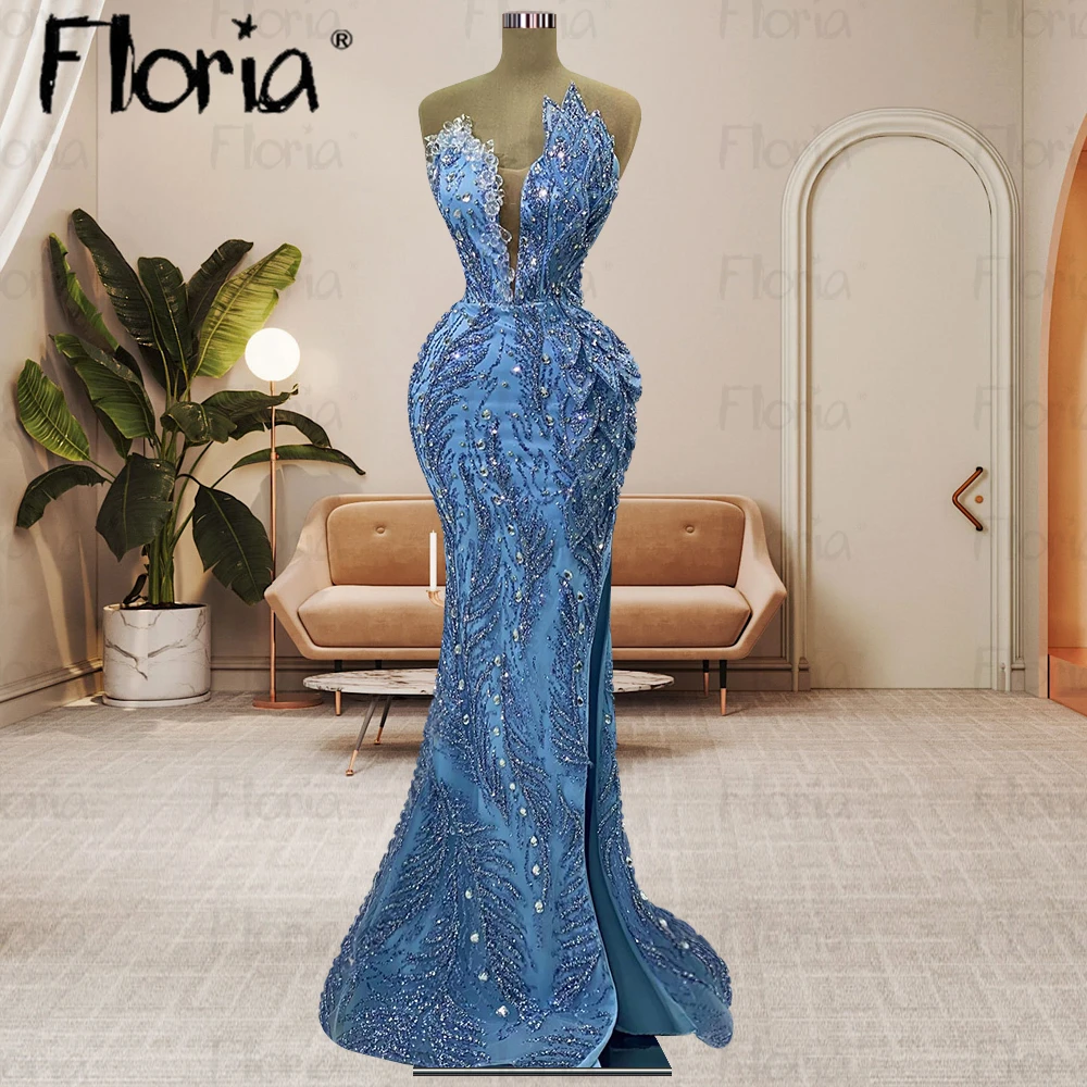 Elegant Strapless Blue Bing Beaded Evening Dress Side Slit Mermaid Wedding Party Gowns Graduation Dresses Birthday