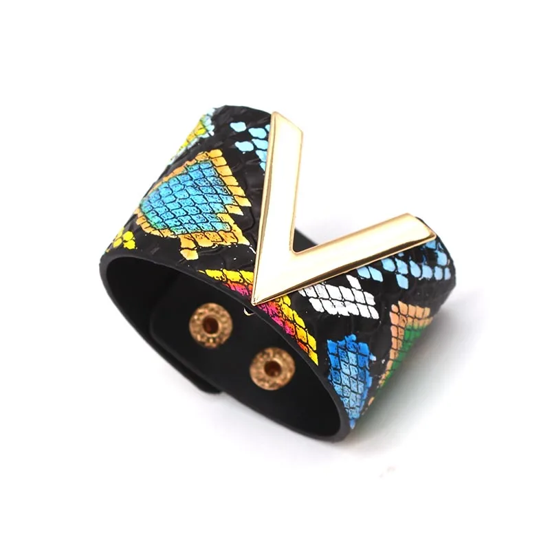 Women Leather Bracelet Fashion Punk V Word Wide Wristband Cuff Wrap
