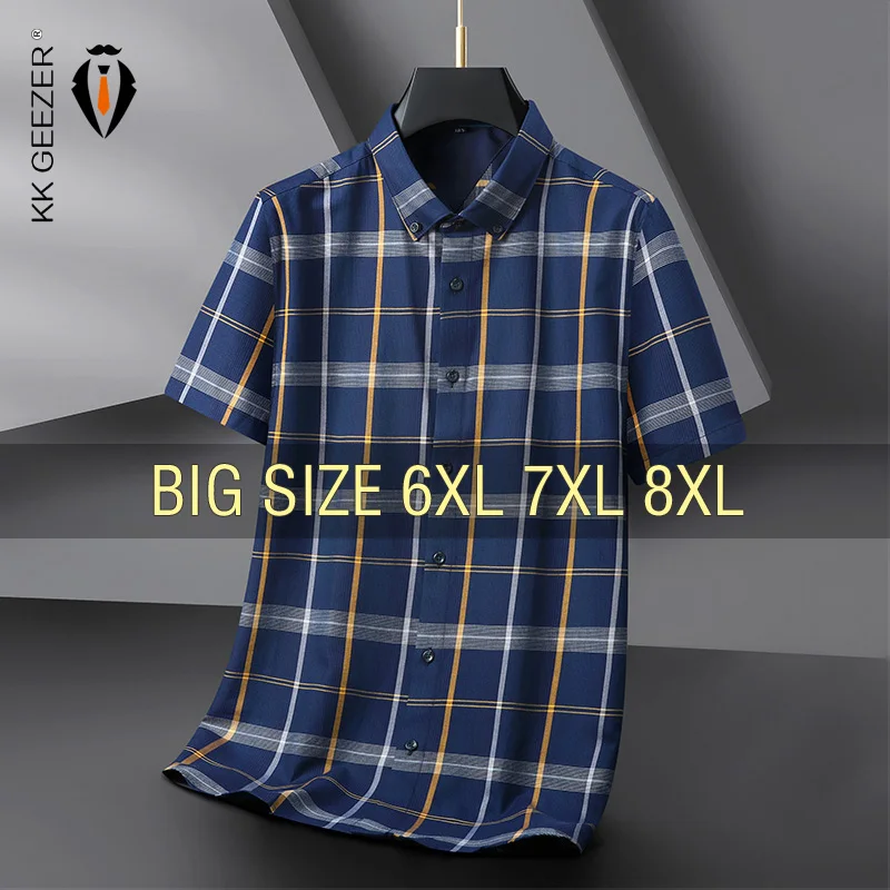 Men Shirt Plaid Dress Short Sleeve Summer Oversize 6XL 7XL 8XL Plus Size Formal Casual Designer Office