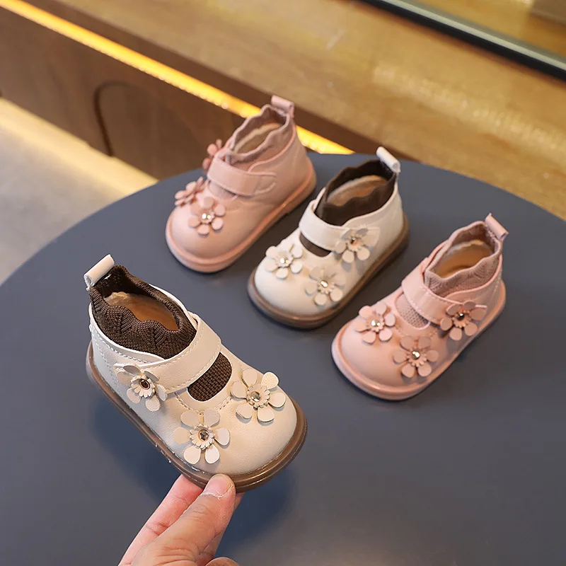 

2023 Girls Sock Boots Versatile Soft Flowers Baby First Walker Shoes Breatheable Sweet Princess Casual Ankle Boots Non-slip PU