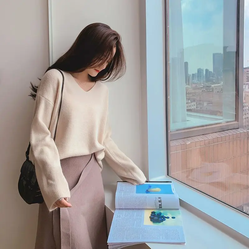 

Fashion V-Neck Solid Color Loose All-match Blouse Female Clothing 2023 Autumn Winter New Casual Pullovers Commuter Shirt