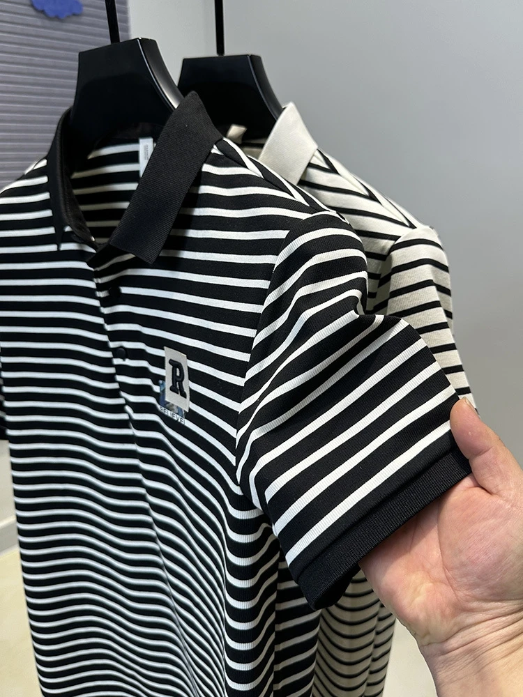 High end brand embroidery men short sleeve polo shirt fashion black white striped summer comfort breathable youth trend T-shirt 16 Sdd59729ba97b4d34b447391e66e2d09f2