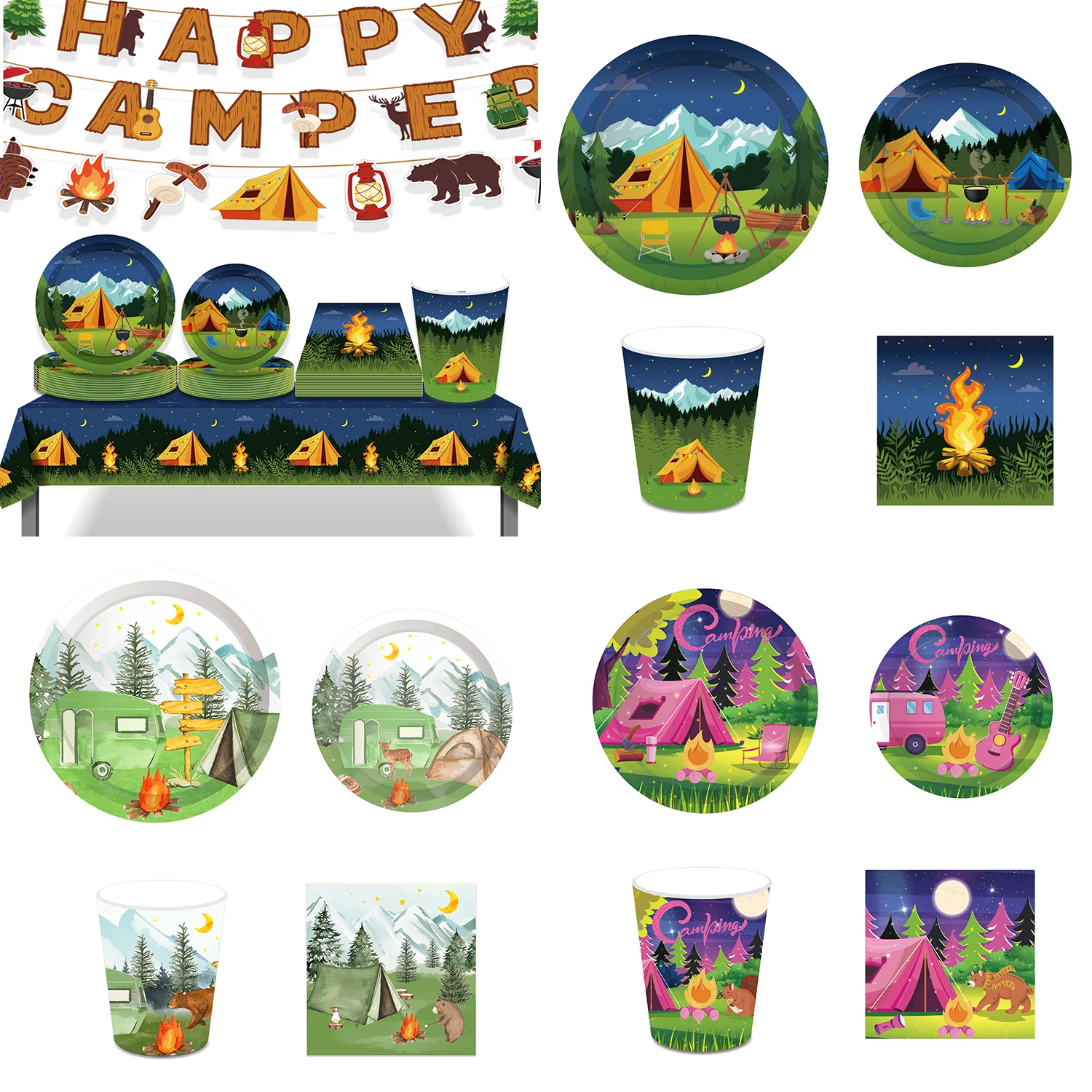 Cartoon Camping Picknick Party Einweg Geschirr Sets Outdoor Camper Zelt Geburtstag Teller Tassen Servietten Baby Shower Party Decor