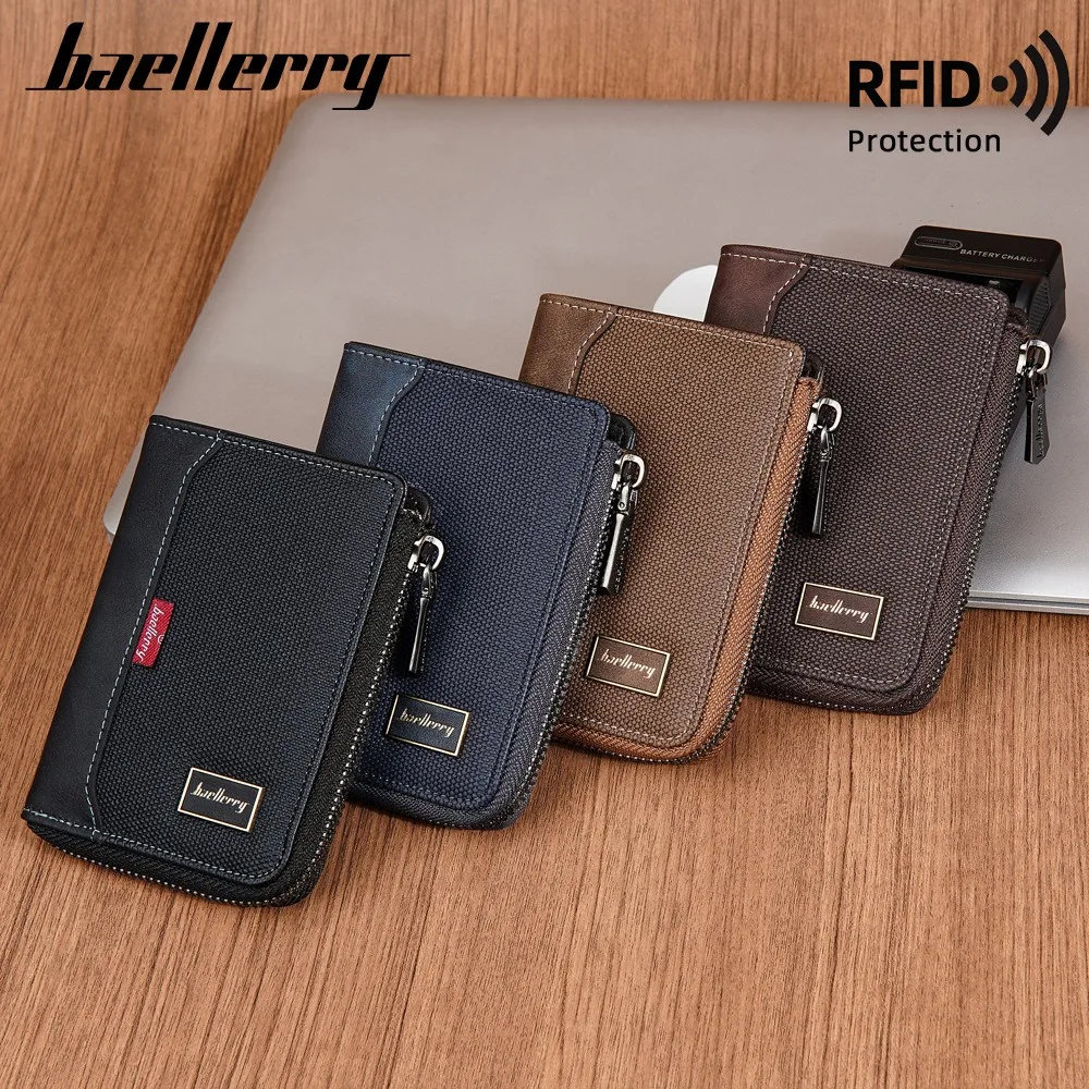 Baellerry Men's RfID Blocking Wallet Full Zipper PU Leather Card Holder Multi - Slot Anti - Theft Bifold Purse