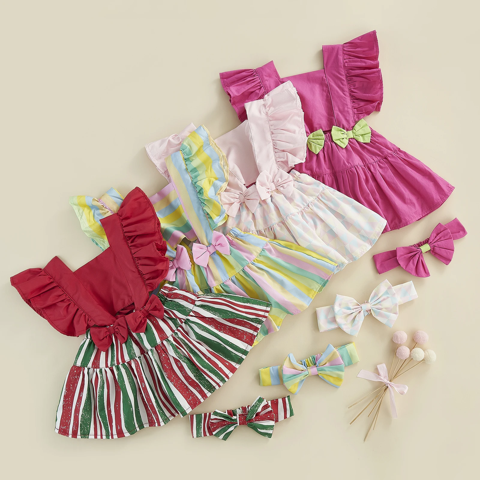 Baby Girls 2Pcs Summer Clothing Outfits Stripe Ruffle Sleeve Cross Back Bow Romper Dress with Headband Set