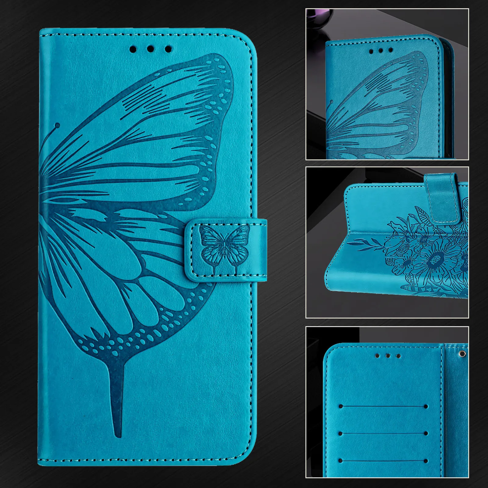 Butterfly Wing Pattern Lanyard Leather Flip Wallet Book Cover Case