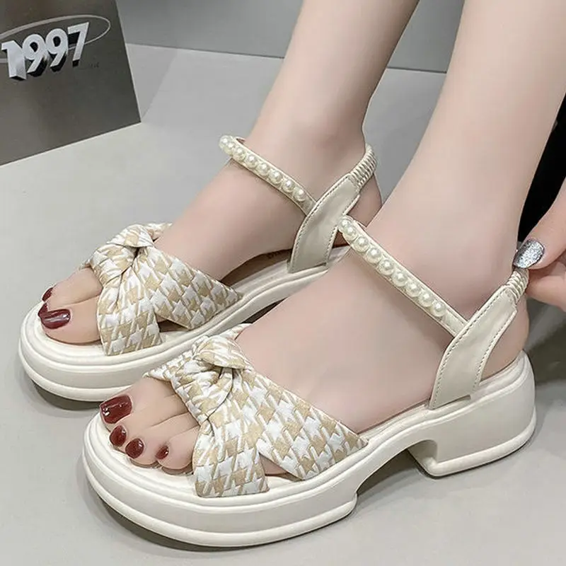 

Brand Platform Sandals Soft All-Match Female Shoes 2023 New Summer Fashion Bow Tie Mixed Colors Checkered Wedges Women Sandals