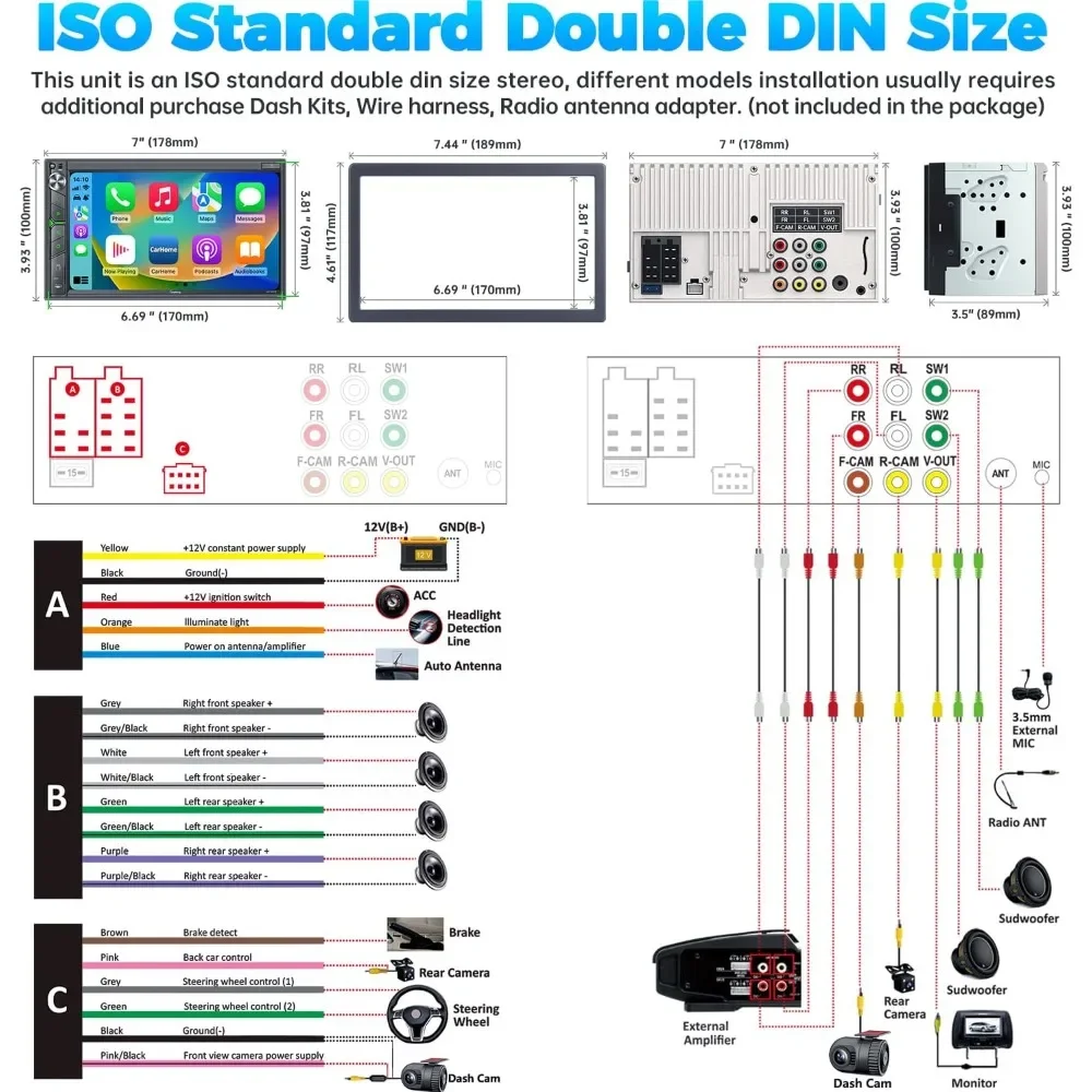 hot-SJoyBring Upgrade Wireless Double Din Car Stereo with Apple Carplay, Android Auto, Dash Cam, Bluetooth, 4-Channel RCA, 2 Su