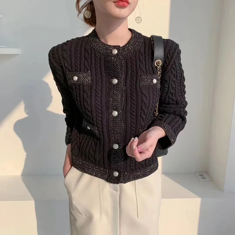 Autumn Elegant Knitted Long Sleeve Jackets Winter Korean Round Neck Twist Cardigan Sweater Outerwear Loose Casual Office Coats