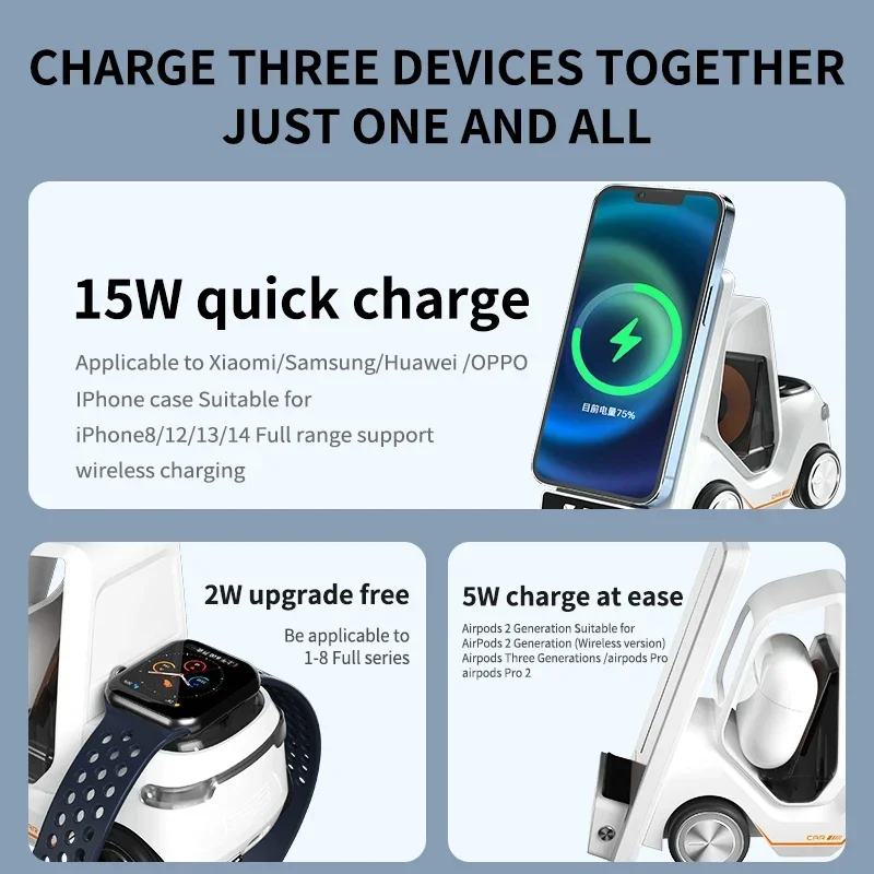 무선 충전기 스탠드 알람 시계, 아이폰 15 14 13 12 프로 맥스 8 X XS XR iWatch 8 7 6 5 에어팟 고속 충전 스테이션, 5 인 1