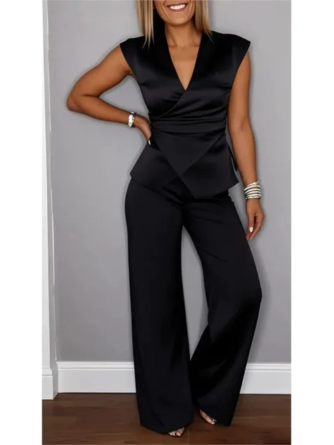 Casual Sleeveless V-neck Neckline Pleated Button Sleeveless Top 2piece Set Elegant Women Office Wide-leg Long Pants Twopiece Set 5