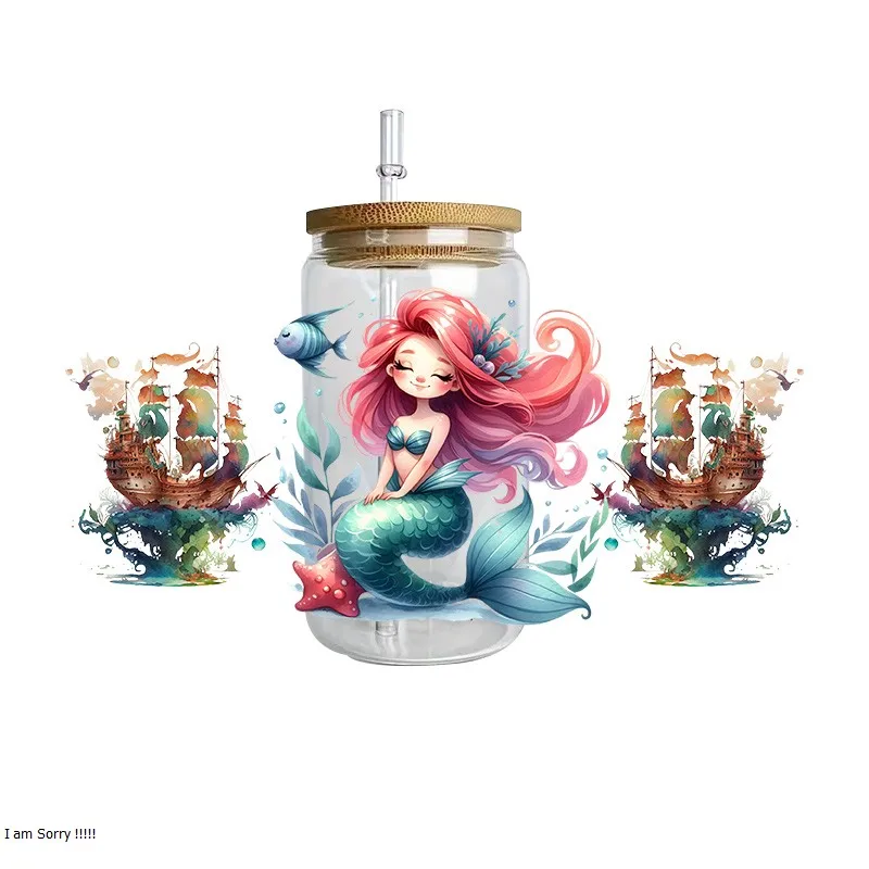 Mermaid series easy peel waterproof DIY Decals Retro Beauty 3D transfers uvdtf crystal sticker 16oz uv dtf cup wraps