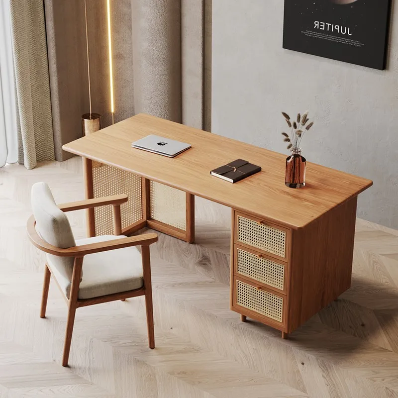 Rattan Solid Wood Desk Bedroom Study Table Home Desk Desk Storage Workbench Computer Desk