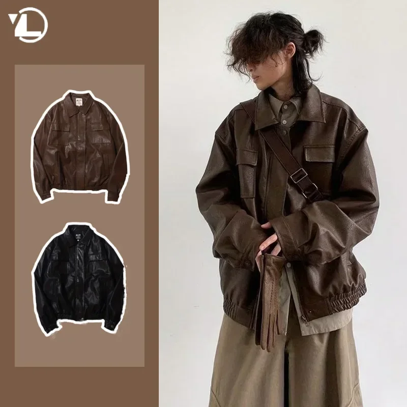 445791-dc0a0f.jpg Sdd5a66814149405b80b747fcc44406fcY Motorcycle Leather Jacket Men Bomber Pilot Retro Loose Pu Short Coat Japanese Casual Streetwear Multi Pocket Trend Outwear New Mallzona