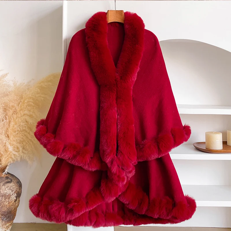 New Winter Thicken Mink Wool Full Trims Faux Fur Cape for Women - Hooded Loose Fleece Cloak Coat Party Dress Wraps Warm