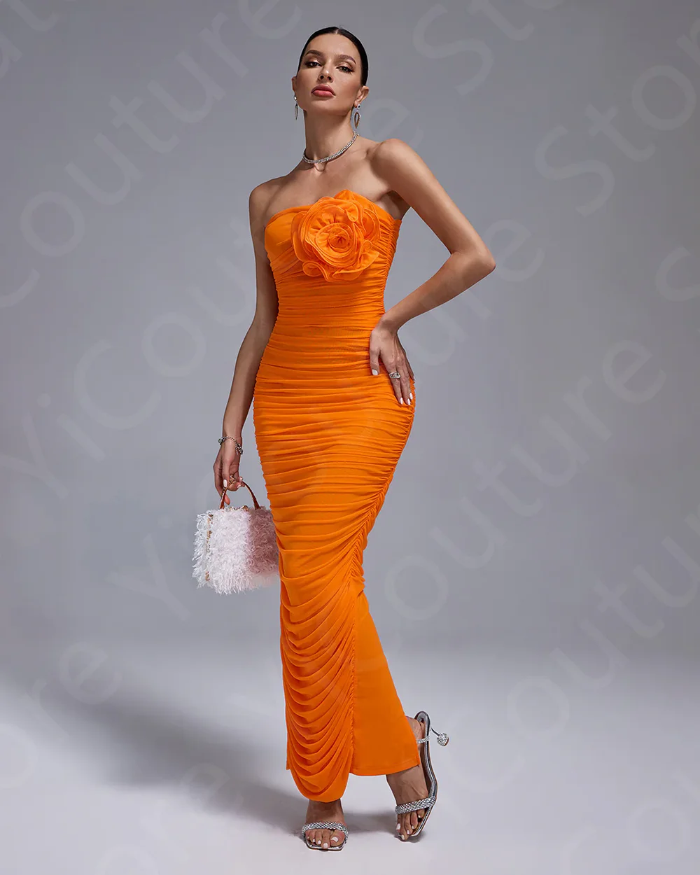 Orange Cocktail Party Dresses Ankle Length Homecoming Gowns Strapless Flower Pageant Dresses Back Slit Pleating