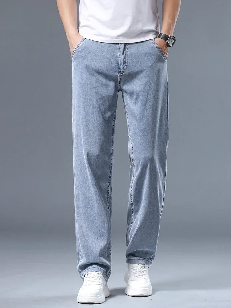 Ultra-thin Lyocell Men's Jeans Summer Breathable Soft Straight Loose Trousers Business Casual Ice Silk Denim Pants Light Blue 3