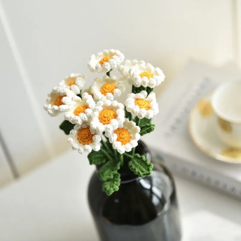 Finished 10pcs Hand-knitted Handmade Yarn Crochet Sunflower Bouquet Decorative Wedding Artificial Daisy Flowers Home Decoration