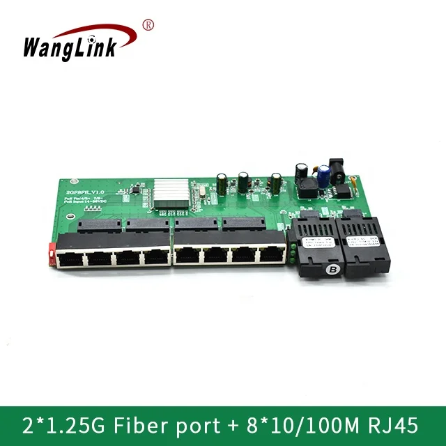 Wanglink Fibra  Reverse POE PCB 100M* 8 RJ45 + 1000M*2 SC Fiber Media Converter PCBA mecool km2 4k android 10 tv box usb3 0 100m 1000m lan wifi hdr 10 smart tv media player 2gb 8gb doby audio