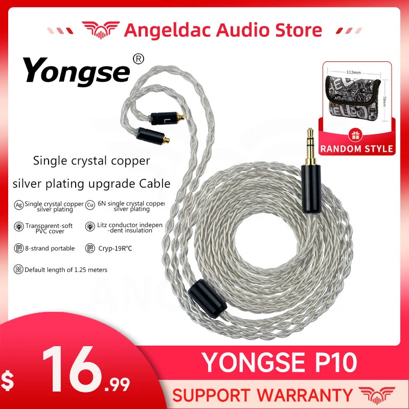 

YONGSE P10 8Cores 6N Single Crystal Copper Silver Plated HiFi Earphone Cable 2.5/3.5/4.4 MMCX/2Pin/QDC for TRN 7HZ TANGZU SIMGOT