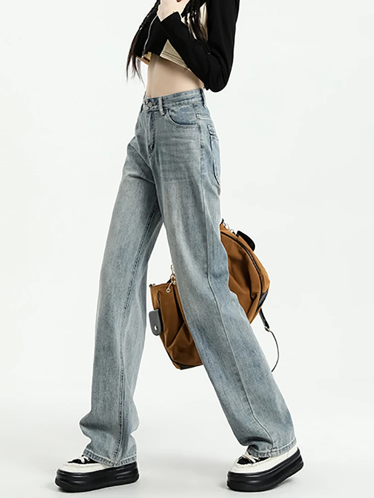 

Винтажные синие женские джинсы с высокой талией, прямые мешковатые джинсовые брюки, уличная одежда, модные широкие джинсовые брюки в американском стиле