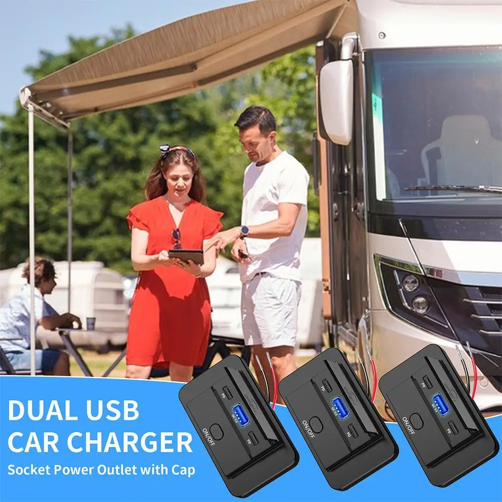 

Dual PD Type C + QC3.0 Ports Quick Charger 12-24V QC3.0 PD3.0 With Switch Fast Charging USB Power Panel For Motorcycle Car Truck