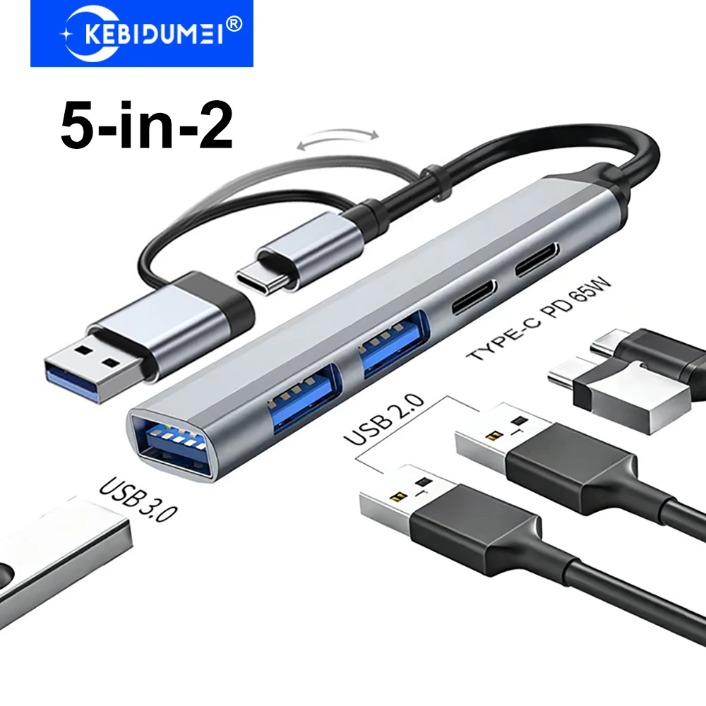 Enhanced USB-C Hub with 5-in-1 Functionality and 65W Power Delivery for Laptops and Accessories