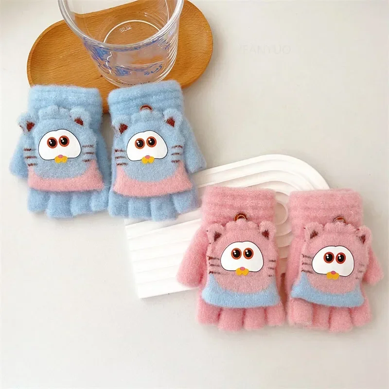 Cute Children Half Finger Gloves Autumn Winter Flip Cover Warm Boy Girl Student Mittens Cartoon Kids Writing Cycling Gloves 4-8Y cycling gloves winter gloves