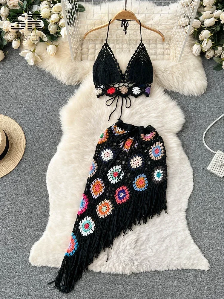 2024 New Bohemian Two Piece Knitted Sets Summer Hook Hollow Out Camisole Floral Irregular Tassel Skirt Sexy Beach Style Suits