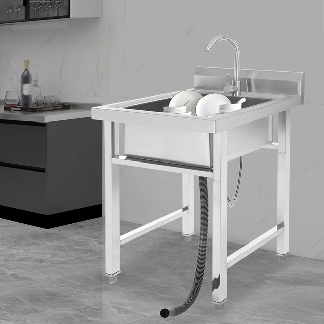 Freestanding Stainless Steel Kitchen Sink Rectangular with Stable Bracket Design and Drain Pipe 60 x 60 x 93 cm 3