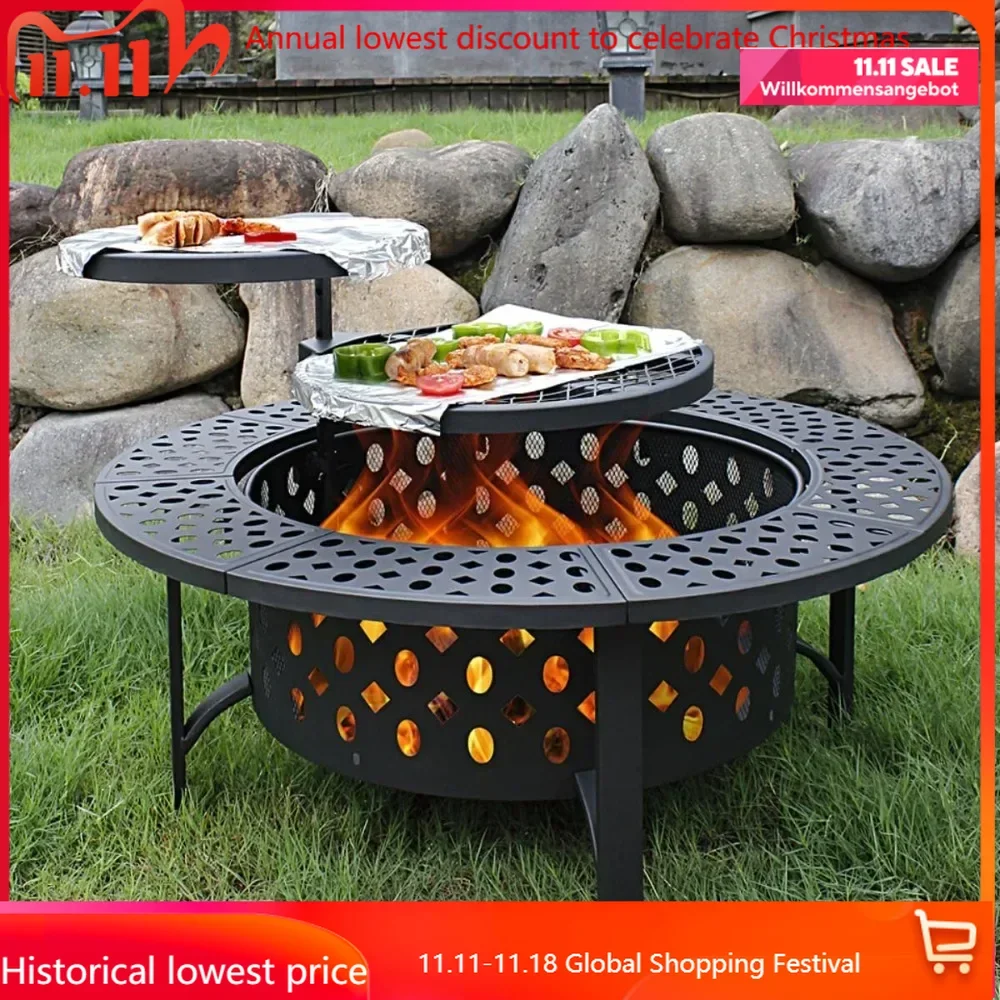 36 Inch Fire Pit with 2 Grills, Wood Burning Fire Pits for Outside with Lid, Poker and Round Waterproof Cover, BBQ& Outdoor Fire