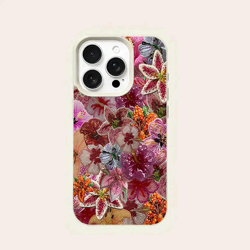 Luxurious Beaded Flower Lychee Texture Phone Case - Silicone Soft Cover