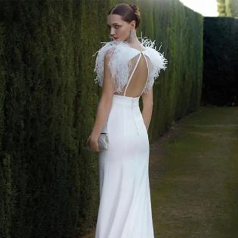 Mermaid Wedding Dress Whtie Feather O Neck Sleeveless Luxury Wedding Gowns for Women 2023 Bride Backless Trumpet Bridal Dresses