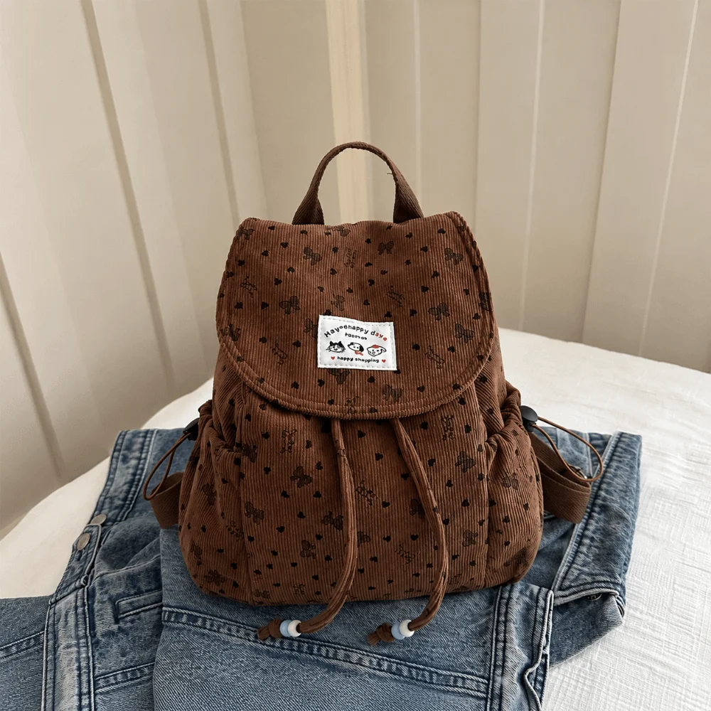 Zaino leggero in velluto a coste con stampa a fiocco, grande capacità, design semplice, con coulisse, borsa da giorno casual e versatile per viaggi brevi - immagine 5