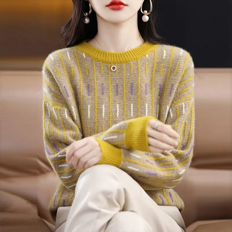 

Vintage Jacquard Weave Striped Sweaters Autumn Winter Casual Long Sleeve Female Clothing Fashion O-Neck Spliced Knitted Jumpers