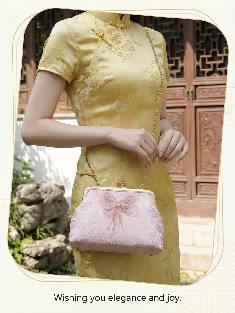 Chinese Style Butterfly Embroidery Clutch Vintage Lace Kiss Lock Handbag Elegant Evening Bag with Gold Chain for Women