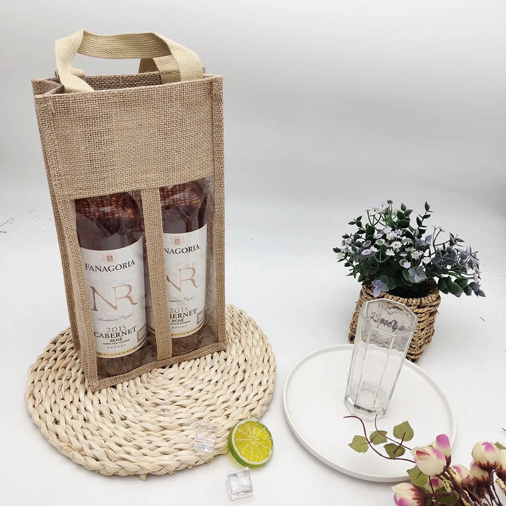 

Christmas Wine Bottle Gift Tote Bag for Travel Whisky Beer Transparent Film Cotton-Jute Eco-friendly Portable Wine Holder Sleeve