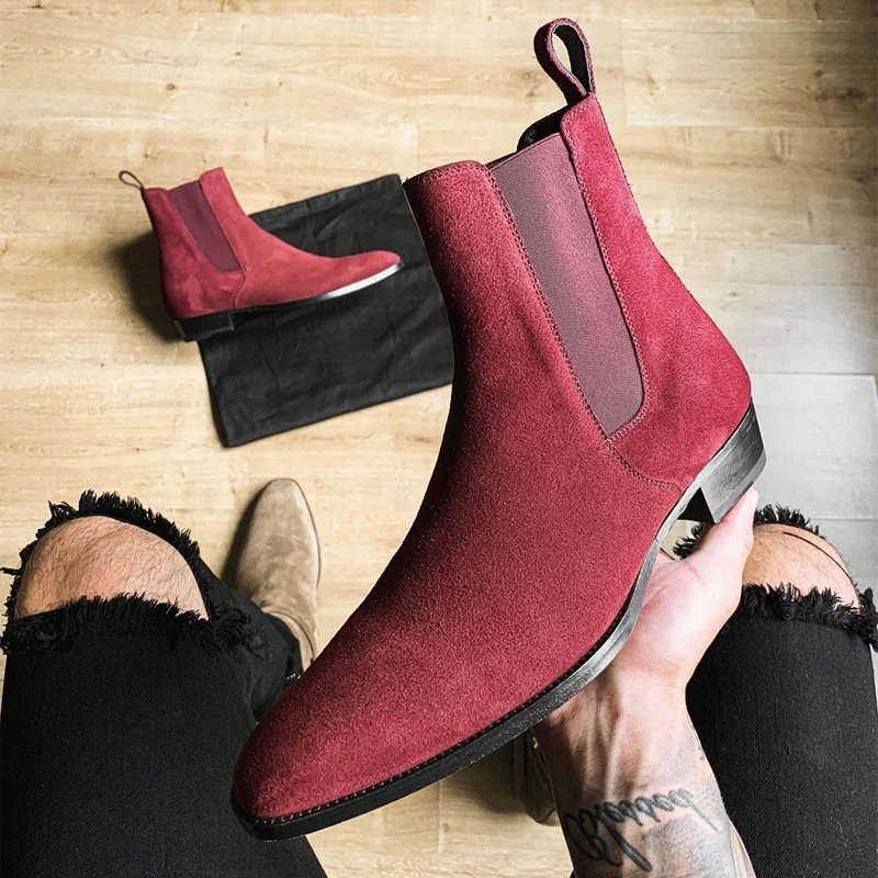 

Red Chelsea Boots Men Flock Slip-On Square Toe Black Business Men Short Boots Size 38-48 Men Boots