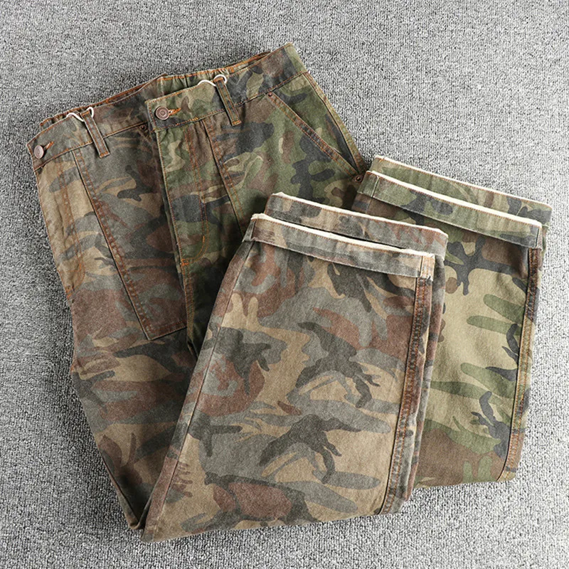 Amikaji Retro Silhouette Loose Straight Leg Casual Pants Men Made Of Pure Cotton Woven Washed Worn Camouflage Workwear Trousers