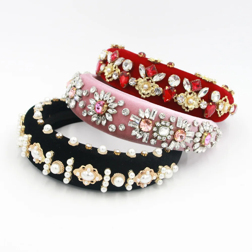

Beautiful Exaggerated Padded Baroque Headband Sprkly Rhinestone Pearl Hairbands Personality Party Show Head Crown Women Headwear