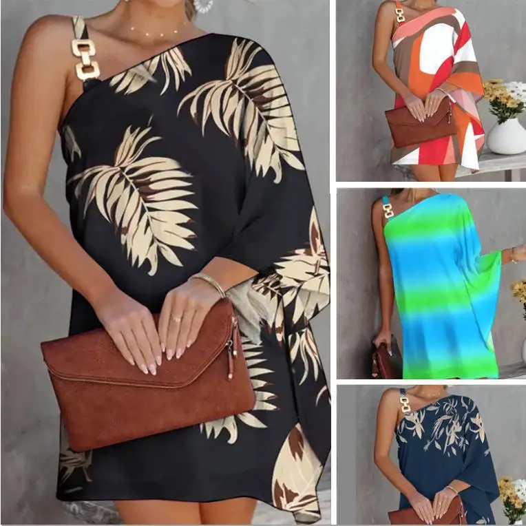 2023 Summer Dress Women Elegant Slant Neck Dresses Chain Strap Print Boho Mini Dress Fashion Female Sexy Off Shoulder Vestidos