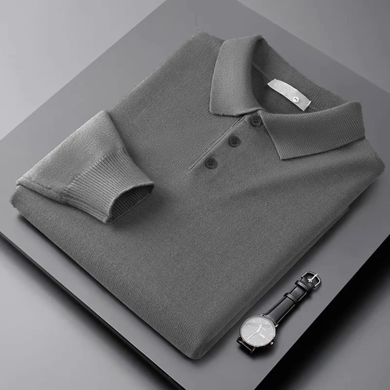 Autumn Mens Long Sleeve Button Knit Pullover Sweater Casual Woolen Polo Sweater Winter Classic Shirts Warm HeavyWeight Outerwear