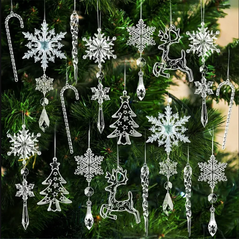 Crystal Christmas Ornaments Hanging Acrylic Christmas Snowflake Icicle Drop Crystal Ornaments Tree Decorations Set 10/12/18PCs