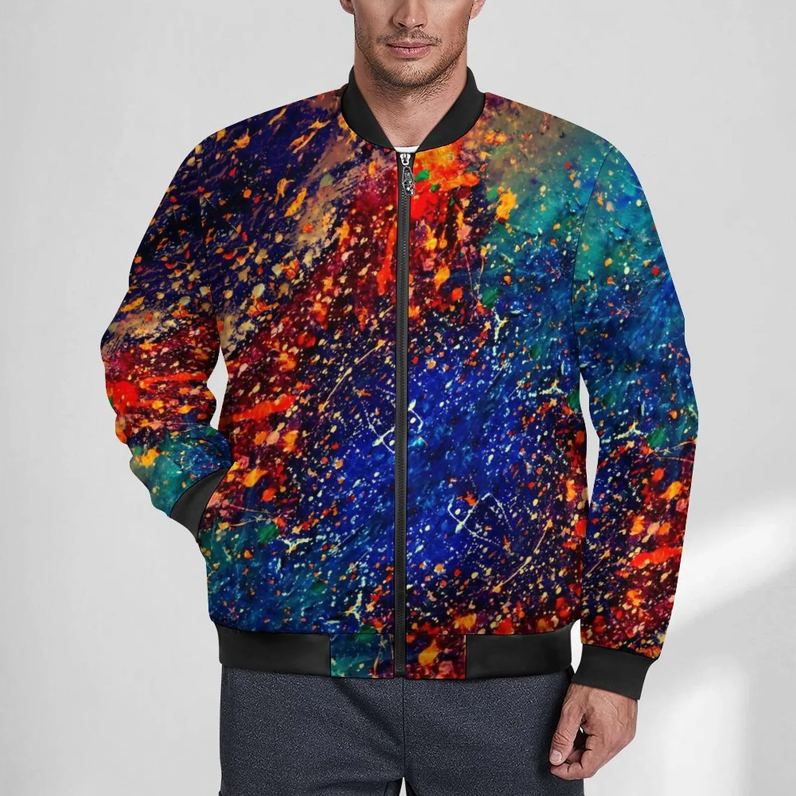 

Psychedelic Splatter Jackets Mens Colorful Rainbow Autumn Coats Aesthetic With Pockets Casual Windbreak Design Loose Jacke
