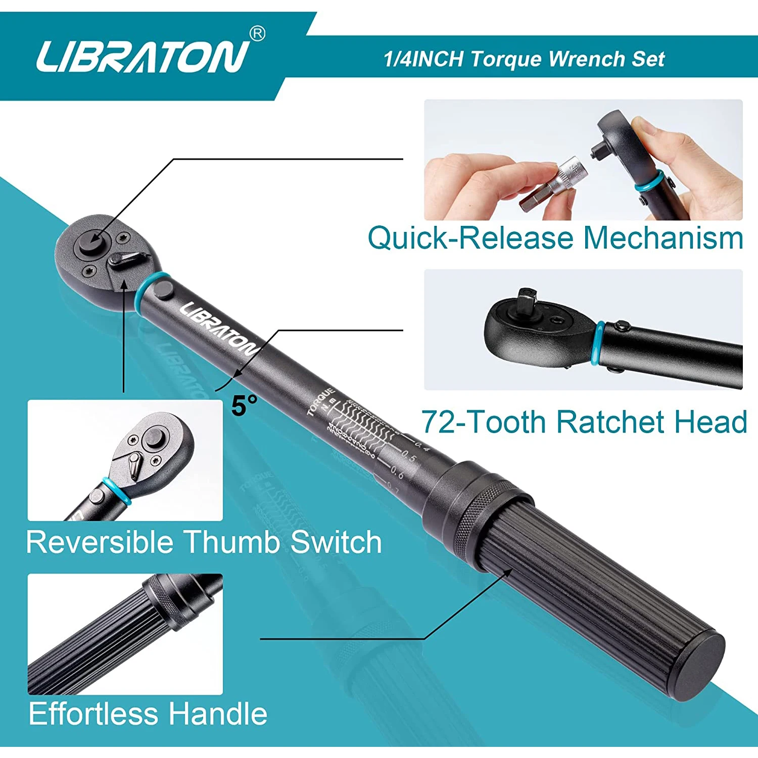 Libraton Bike Torque Wrench 1/4'', 5-25Nm, 0.1Nm Micro, Drive Click Torque Wrench Set, Hex, Torx/Star Bit Sockets, Extension Bar