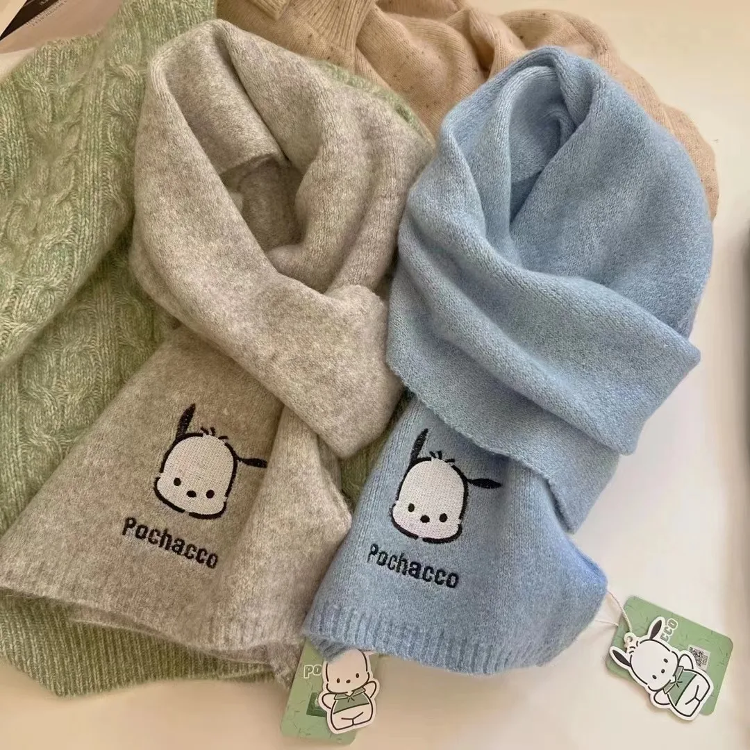 

Новинка 2023, вязаный шарф Sanrio полакко с вышивкой, оригинальный разрешенный шерстяной однотонный милый мультяшный Слюнявчик
