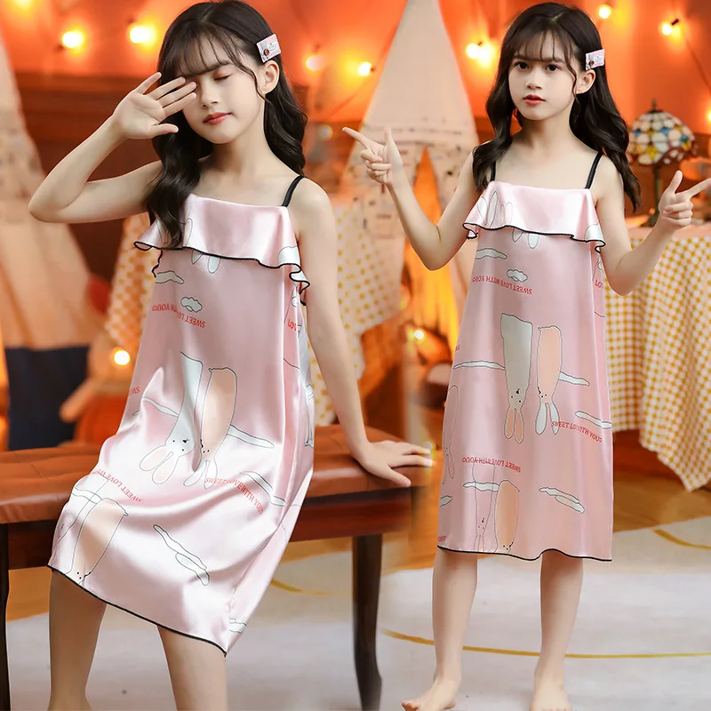 Little Girl Nightgown Nightdress for Girls Silk Summer Short
